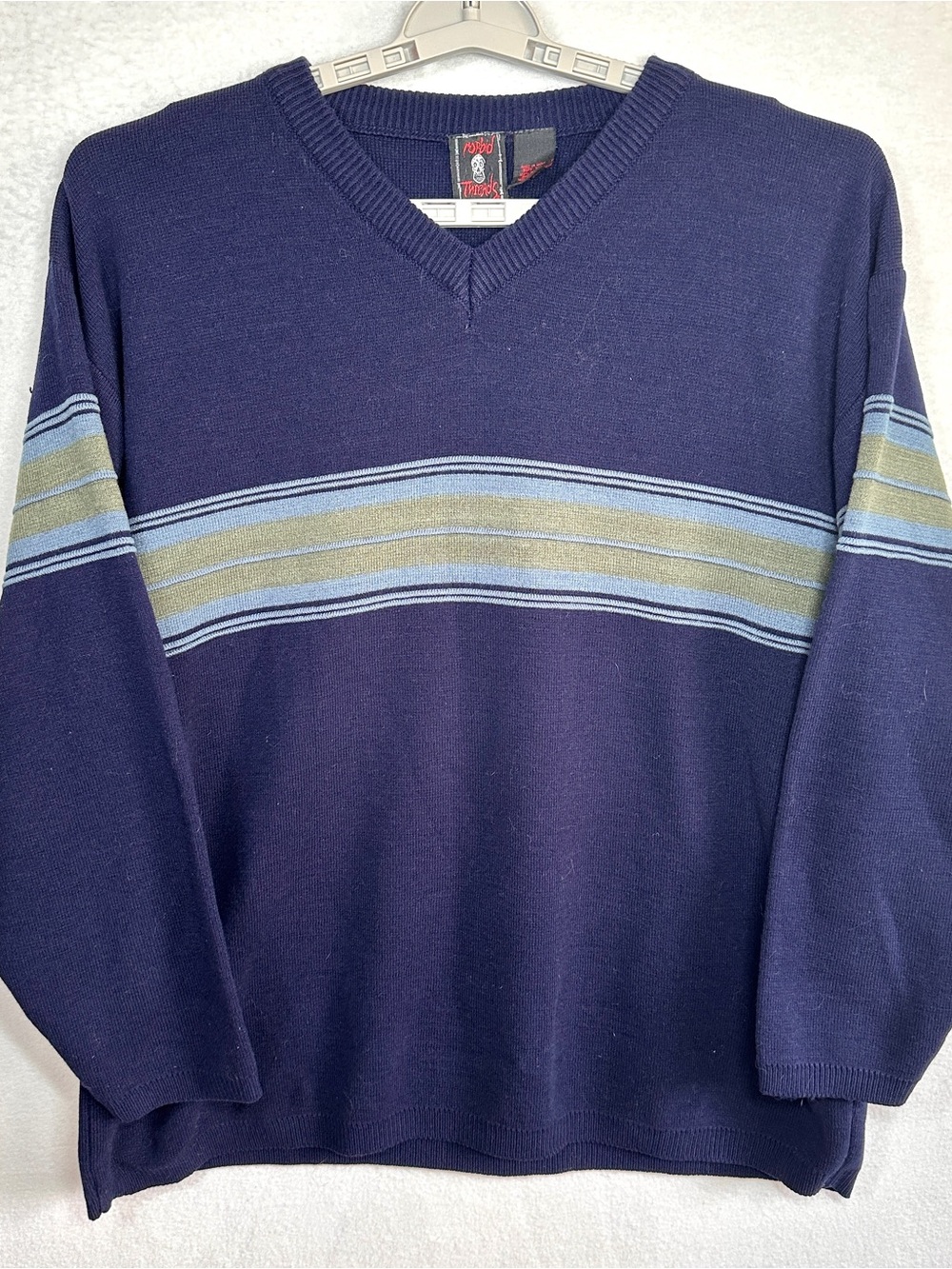 Morbid Thread V Neck Sweater Mens XL Navy Blue Striped Pullover Y2K Hot Topic